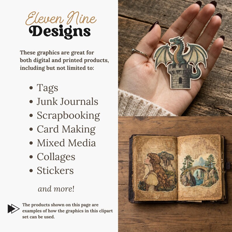 Pu&ograve; includere: Un'immagine che mostra grafica digitale con il testo "Eleven Nine Designs". L'immagine include esempi di come la grafica pu&ograve; essere utilizzata, come tag, junk journal, scrapbooking, creazione di biglietti, mixed media, collage e adesivi. Un adesivo a forma di drago &egrave; tenuto in mano e viene visualizzato un libro aperto.