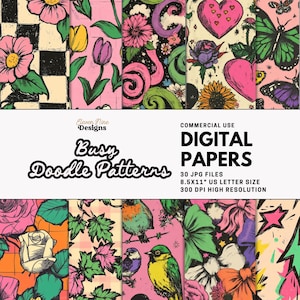 Può includere: Una collezione di carte digitali con vari motivi doodle. I disegni includono fiori, cuori, farfalle e uccelli in colori vivaci. Il testo sull'immagine dice "Busy Doodle Patterns" e "Digital Papers". Le carte misurano 21,59 x 27,94 cm.