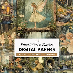 Digitala papper med Forest Creek Fairies, dagbokssidor med skogsälvor, förtrollad fantasikonst, utskrivbara ephemera med Cottagecore-älvor