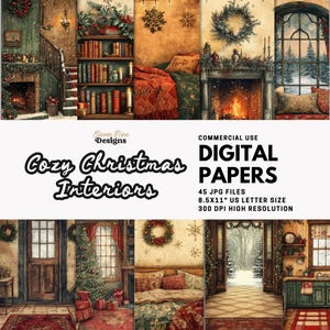 Cozy Christmas Interiors Digital Papers – Rustic Holiday Room Scenes, Vintage Christmas Homes Printable, Victorian Winter Scrapbook Journal