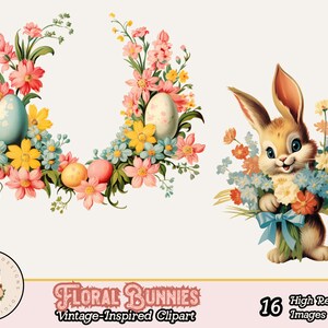 May include: A vintage-inspired Easter clip art set featuring a floral wreath with pastel-colored eggs and a cute bunny holding a bouquet of flowers.