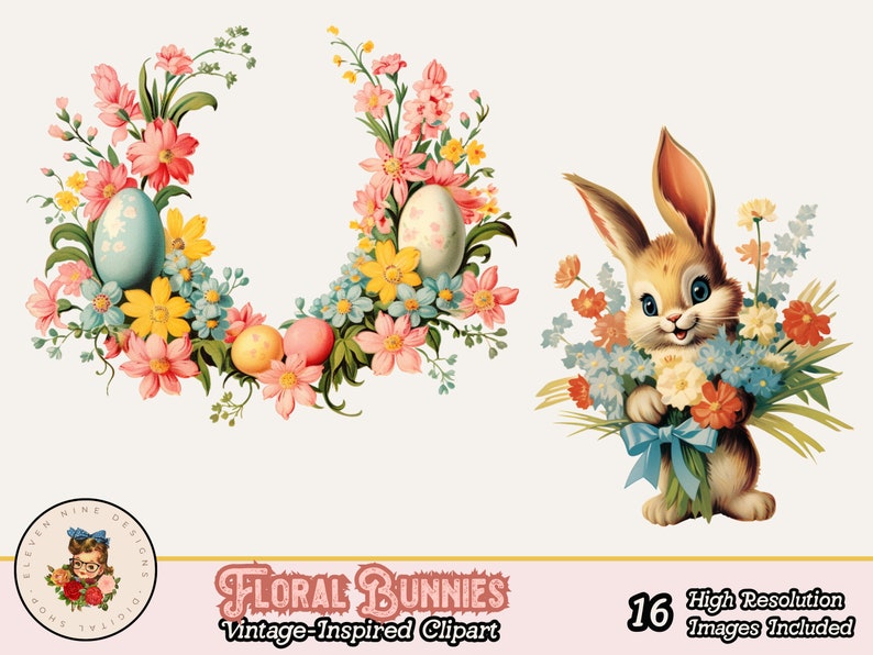 May include: A vintage-inspired Easter clip art set featuring a floral wreath with pastel-colored eggs and a cute bunny holding a bouquet of flowers.