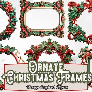 Antieke Frames Clipart, Rode en Groene Kerst Frames Clipart, Sierlijke Frame PNG, Frames voor Altered Art Journals, Mixed Media, Paper Crafts