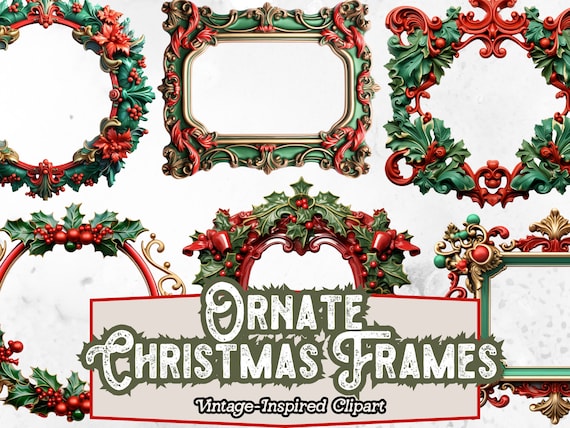 Antique Frames Clipart, Red and Green Christmas Frames Clipart, Ornate Frame PNG, Frames for Altered Art Journals, Mixed Media, Paper Crafts