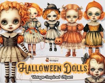 Könnte beinhalten: Sechs vintage-inspirierte Halloween-Puppen mit roten Haaren und verschiedenen Kostümen. Die Puppen halten Kürbisse und tragen gestreifte Strümpfe. Der Text "HALLOWEEN DOLLS Vintage-Inspired Clipart" befindet sich am unteren Rand des Bildes.