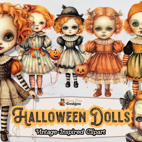 Vintage Dolls Clipart, Halloween Spooky Dolls, Gothic Dolls, Paperdolls PNG, Watercolor, for Scrapbooks, Journals, Digital Download