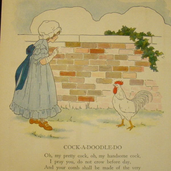 1946 Cock-a-doodle-do Real Mother Goose Book Plate Print Nursery Rhyme Children's Framable Colors Baby Gift 1940s 1916 Version Chick Rooster