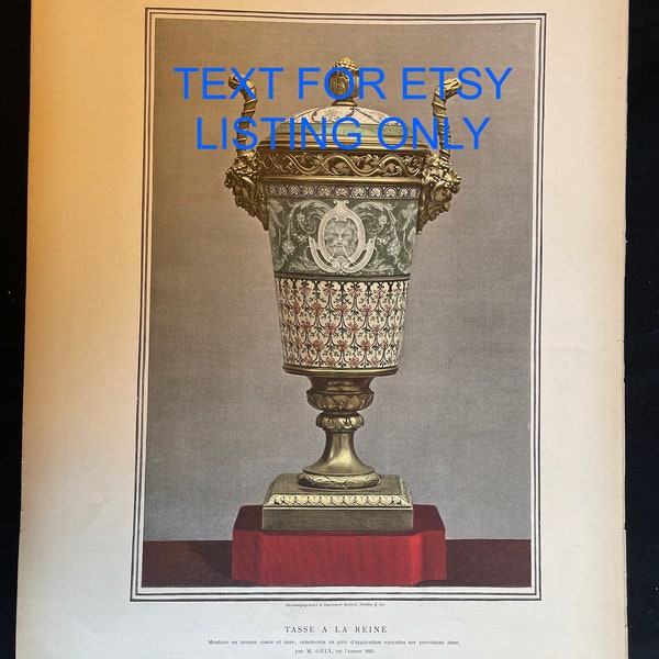 Queen's Gold Cup FIGARO Paris 1889 Exposition Color Print Book Plate Original France World Art Chromotype gravure Tasse a la Reine