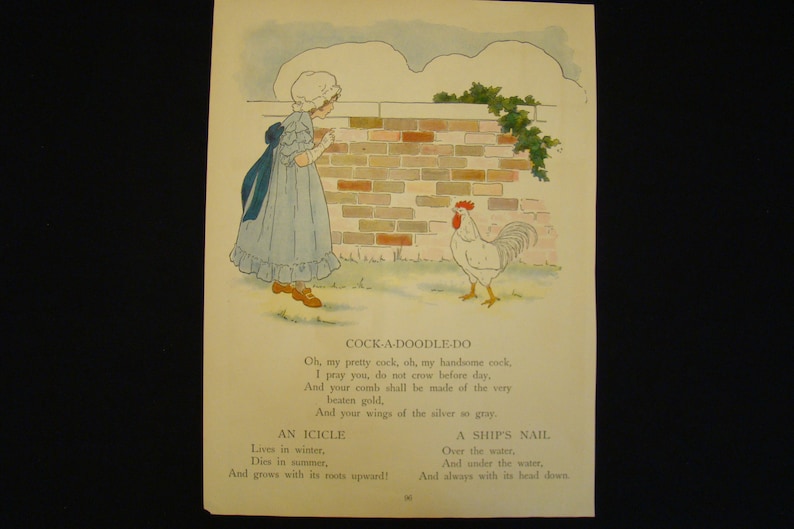 1946 Cock A Doodle Do Real Mother Goose Book Plate Print Nursery Rhyme Childrens Framable Colors Baby Gift 1940s 1916 Version Chick Rooster - 