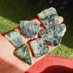 Puede incluir: Una colección de cristales de serafinita verdes, cada uno con un patrón único y plumoso. Los cristales se sostienen en una mano, con un fondo verde borroso de hierba y luz solar.
