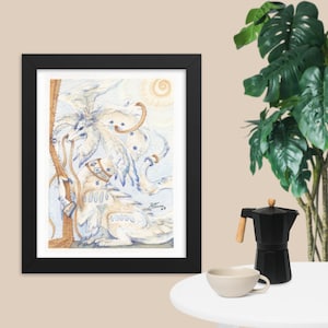 Framed watercolor multi winged dragon