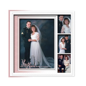 May include: A collage of wedding photos featuring a couple in their wedding attire. The main photo shows the couple standing together, while the smaller photos show them at different stages of the wedding day. The text "You Heart" is written in pink cursive at the bottom of the collage.