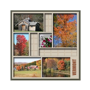 May include: A collage of images showcasing the beauty of Vermont in autumn. The collage features a variety of fall foliage, including red, orange, and yellow leaves. There are also images of a rustic cabin, a farm, and a river. The word "VERMONT" is displayed in the bottom right corner.