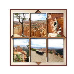 Puede incluir: Un collage de seis fotos que muestran las formaciones rocosas rojas del Parque Nacional Bryce Canyon en Utah. Las fotos muestran varias vistas del cañón, incluyendo un árbol solitario, un banco y una vista lejana del cañón.