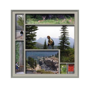 May include: A collage of photos featuring a scenic landscape with trees, a river, and a person hiking. The collage is framed in a light gray frame.