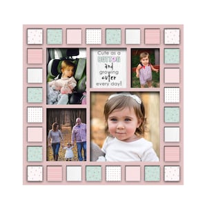May include: A pink and green photo collage with a white background. The collage has a quote that says "Cute as a button and growing cuter every day!" and four photos of a baby girl.
