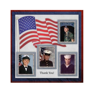 Puede incluir: Un collage de cuatro fotos de personas con uniformes militares, con una bandera estadounidense de fondo. Las fotos están enmarcadas en azul y blanco, y el texto "¡Gracias!" está debajo de las fotos.