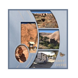 May include: A collage of photos featuring a camper van parked in a desert landscape with red rock formations. The text "Happy Camper" is included in the collage.