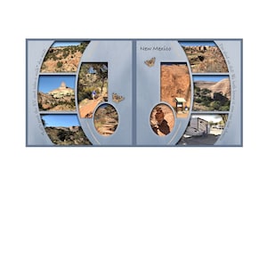 May include: A scrapbook page with a blue background and a collage of photos of a red rock canyon. The text "Let's park the RV and take a walk she said!" is written on the left side of the page. The text "New Mexico" is written on the right side of the page. The text "Palad we ded! We both know it was one last chance" is written on the right side of the page.