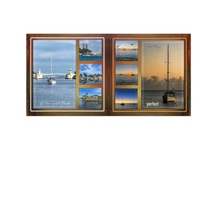 May include: A collage of photos featuring a sailboat in a variety of settings, including a sunset, a bridge, and a marina. The text "We have reached Florida" is written on the left side of the collage, and the word "perfect" is written on the right side.