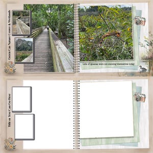 May include: A scrapbook spread featuring photos of Green Cay Nature Center & Wetlands. One photo shows a wooden boardwalk through a forest. Another shows iguanas sunning themselves. The text reads, "Lots of iguanas were out sunning themselves today."
