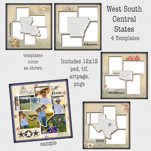 Plantillas de viaje para Texas, Arkansas, Luisiana y Oklahoma (EE. UU.), paquete de estados del centro-sur-oeste, plantillas para álbumes de recortes digitales, plantillas digitales