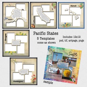 Alaska, Hawaii, Kalifornien, Oregon, Washington Digi-Vorlagen, USA Pazifik Staaten digitale Vorlagen, USA Pazifik Staaten Scrapbook Vorlagen