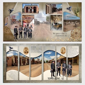 Puede incluir: Una página de álbum de recortes con múltiples imágenes de Tombstone, Arizona. La página incluye fotos del Bird Cage Theatre, el O.K. Corral y el Boothill Graveyard. El texto incluye "We spent a day in Tombstone AZ" y "TOMBSTONE, AZ".