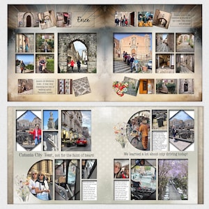 May include: A scrapbook page with photos of a trip to Italy. The page is divided into two sections, one for Erice and one for Catania. The Erice section features photos of a medieval town with cobblestone streets and a view from the top of a hill. The Catania section features photos of a city tour, including a bus ride through traffic and a view of a street lined with trees.