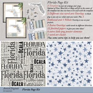 May include: A digital scrapbook kit titled "Florida Page Kit" with templates, overlays, and papers. The kit includes word art, map elements, and star patterns in shades of blue and white. The text includes the names of Florida cities.
