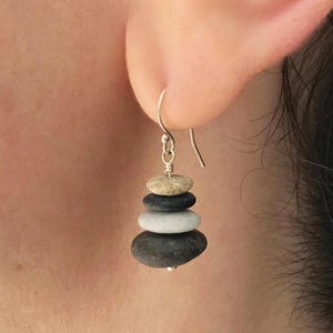 Beach Stone Dangle Earrings: Stacked Cairn Design, Sterling Silver 925 or 18k Gold Vermeil