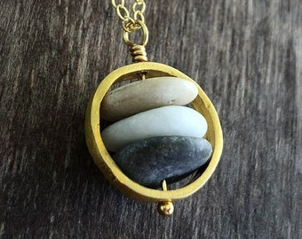 3 Stacked beach stone necklace, rock necklace, natural jewelry, gold beach pebble pendant, cairn necklace, raw stone necklace, gift for her