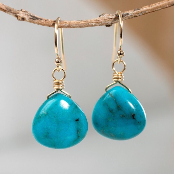 Real turquoise earrings, Gold and turquoise, Blue stone earrings, Turquoise drop earrings, Turquoise jewelry, Anniversary gift for women