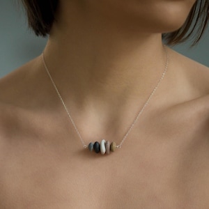 Raw Beach Stone Necklace Sterling Silver Natural Stone Necklace Bar Necklace Beach Pebble Necklace Boho Jewelry Anniversary Gift for Women