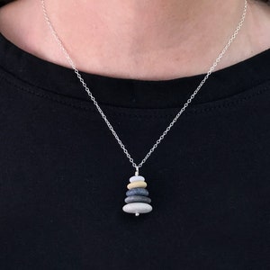 Beach stone necklace, sterling silver, cairn necklace, stacked raw stones, beach pebble pendant, boho necklace, natural jewelry gift for her image 4