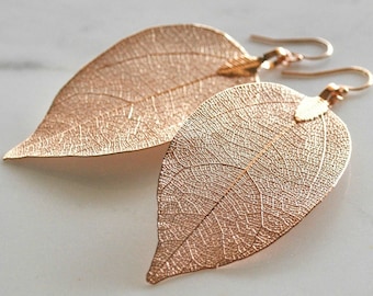 Real Leaf Earrings Rose Gold Earrings Dangle Fall Earrings Leaf Natural Jewelry Unique Gift Rose Gold Wedding Earrings Light Weight Earrings