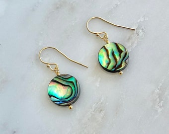 Real Paua Abalone Shell Earrings, Sterling Silver, Gold, Iridescent Blue Green Beach Wedding Drop Earrings Summer Jewelry Gift for Women