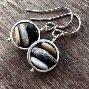 Beach Stone Earrings, 925 Silver Stacked Pebble Cairn Earrings, Nature Lovers Handmade Natural Jewelry