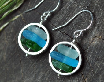Genuine sea glass earrings, sterling silver, sea glass jewelry, Green Blue, summer beach glass earrings, drop earrings, unique gift for her