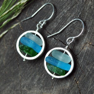 Genuine Sea Glass Earrings, Sterling Silver, Sea Glass Jewelry, Green Blue, Summer Beach Glass Earrings, Drop Earrings, Unique Gift for Her