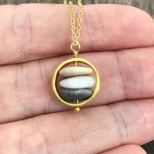 3 Stacked beach stone necklace, rock necklace, natural jewelry, gold beach pebble pendant, cairn necklace, raw stone necklace, gift for her image 2