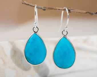 Genuine Turquoise Earrings, Sterling Silver, Turquoise Dangle Earrings, Small Drop Earrings Blue Turquoise Teardrop Earrings, Gift For Women