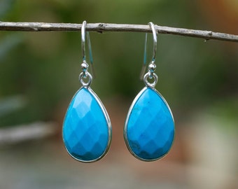 Genuine Turquoise Earrings, Sterling Silver, Turquoise Dangle Earrings, Small Drop Earrings Blue Turquoise Teardrop Earrings, Gift For Women