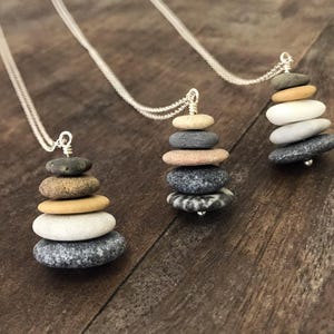 Beach Stone Necklace, Sterling Silver, Cairn Necklace, Stacked Raw Stones, Beach Pebble Pendant, Boho Necklace, Natural Jewelry Gift for Her