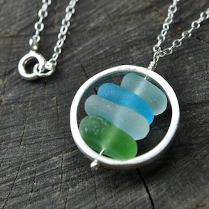Genuine Sea Glass Necklace Sterling Silver, Sea Glass Jewelry, Circle Necklace Green Blue Handmade Jewelry Unique Gift For Women Friend Gift