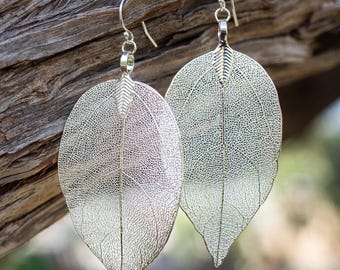 Magnolia Real Leaf Earrings Dangle Sterling Silver Boho Bridal Jewelry