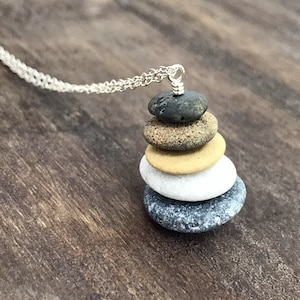 Beach stone necklace, sterling silver, cairn necklace, stacked raw stones, beach pebble pendant, boho necklace, natural jewelry gift for her image 2