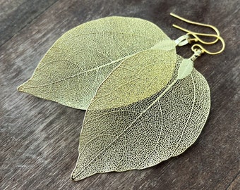 Real leaf earrings, 24K Gold leaf earrings dangle, Boho earrings, Gold drop earrings, Statement earrings, Veined leaves, Unique gift for her
