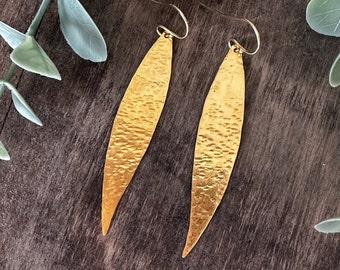 Olive leaf earrings, hammered gold dangle earrings, handmade brass lightweight earrings made in Greece, statement boho earrings gift for her