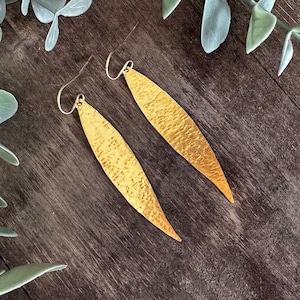 Olive leaf earrings, hammered gold dangle earrings, handmade brass lightweight earrings made in Greece, statement boho earrings gift for her image 6